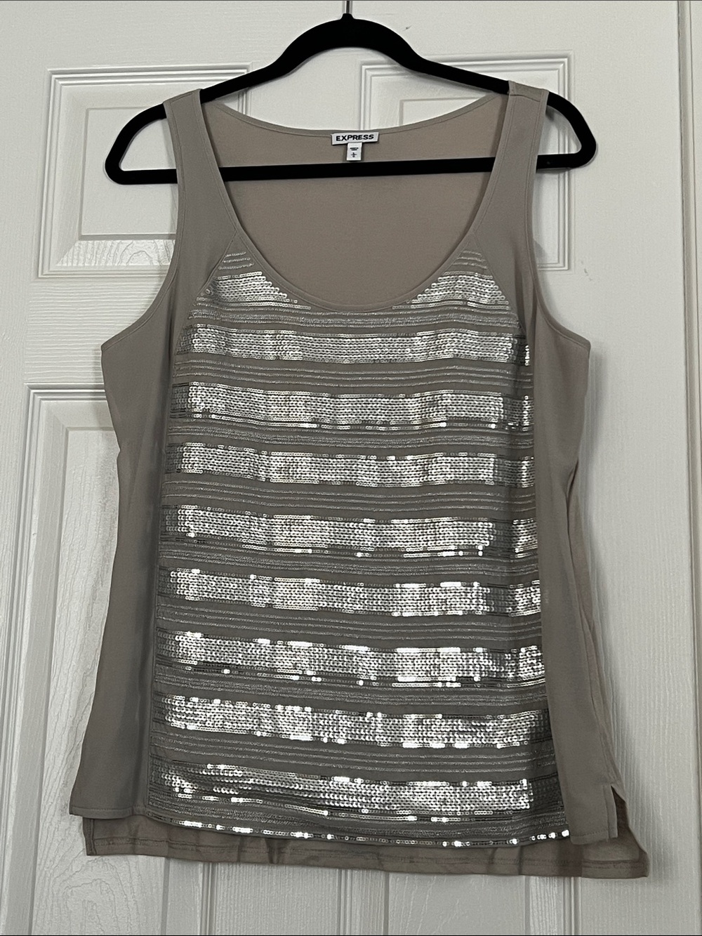 Express Taupe/Gray Tank Top with Silver Sequin Stripes